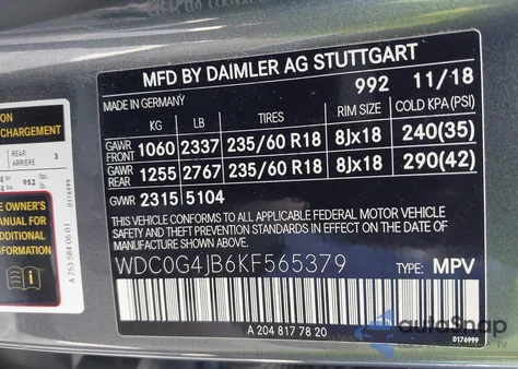 2019 Mercedes-Benz Glc 300 from USA, damaged, VIN WDC0G4JB6KF565379